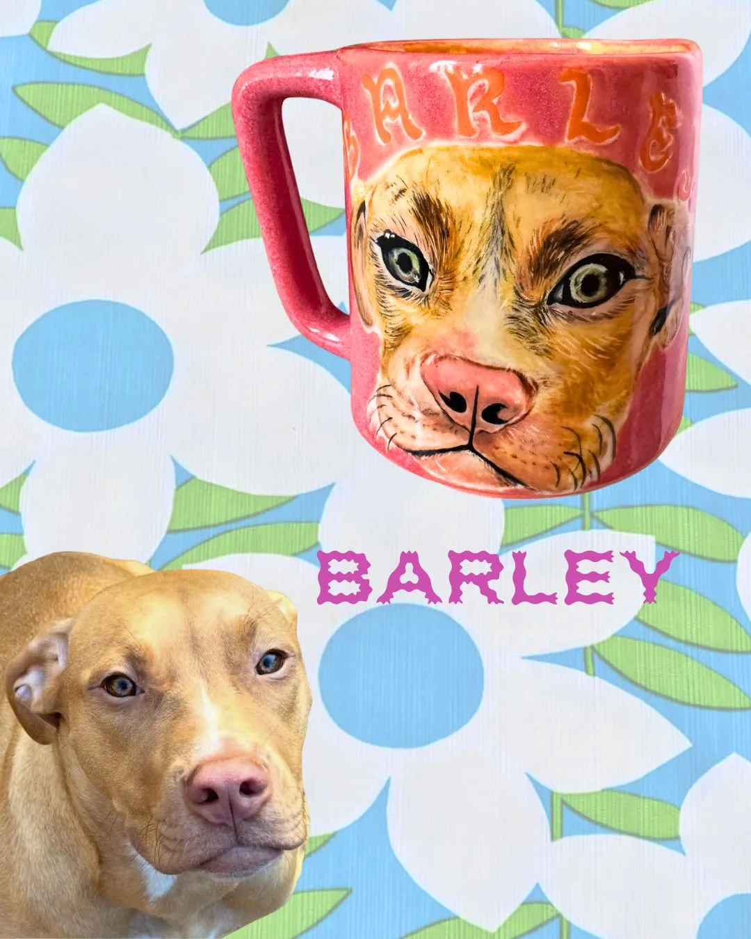 Hand-painted pet portrait mug featuring Barley